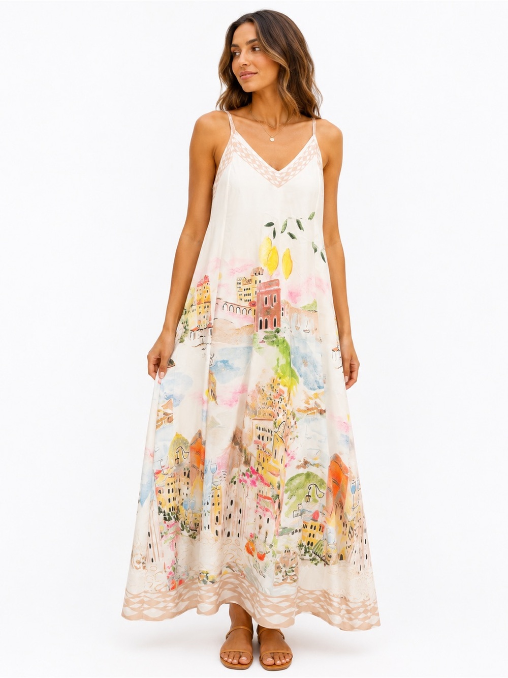 203..Made in 🇮🇹 Italy Bohemian Ivory Watercolor Print Maxi Dress viscose